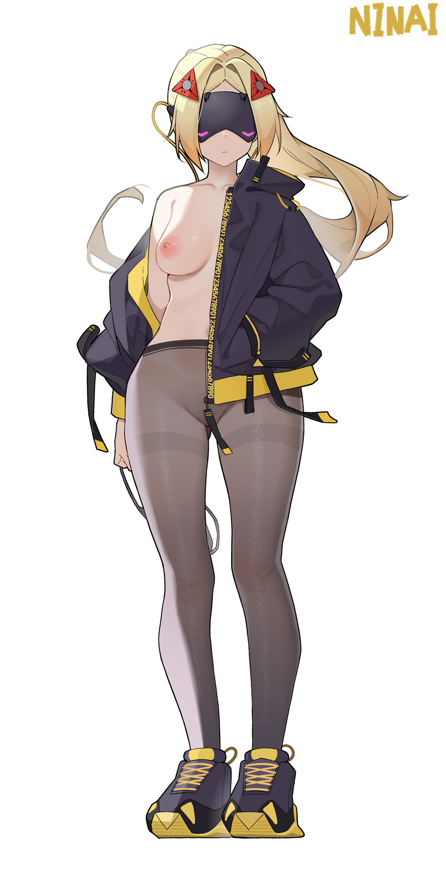 1girl bare_shoulders black_jacket black_pantyhose black_shrug blindfold blonde_hair covered_eyes eye_mask full_body hair_ornament hairclip highres jacket long_hair ninai nipples no_bra no_panties open_clothes open_jacket pantyhose shoes shrug_(clothing) sneakers thighband_pantyhose trigger_(zenless_zone_zero) zenless_zone_zero zipper_pull_tab