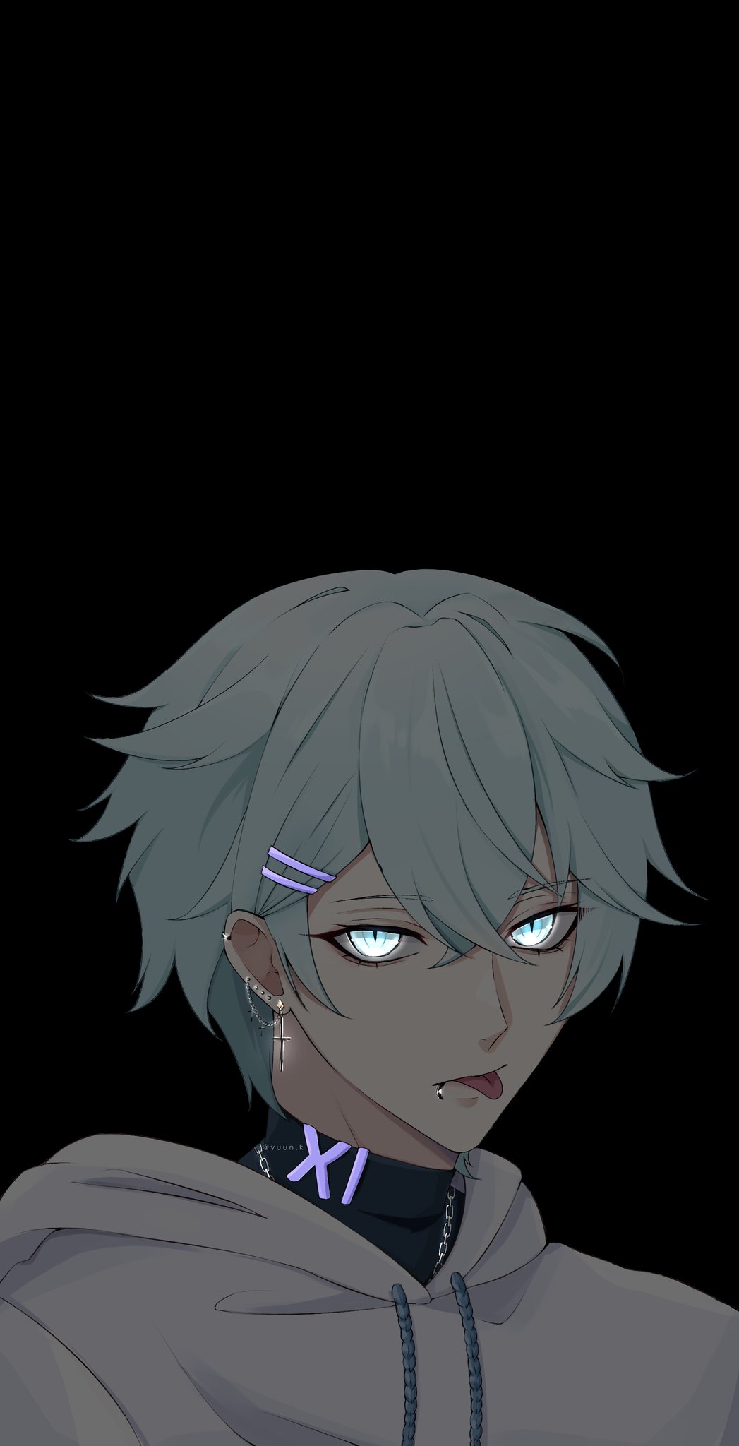 1boy :p black_background black_shirt chain chain_necklace chongyun_(genshin_impact) commentary cross cross_earrings ear_piercing earrings english_commentary genshin_impact glowing glowing_earrings glowing_eyes glowing_jewelry green_eyes green_hair hair_between_eyes hair_ornament hairclip highres hood hoodie jewelry looking_at_viewer male_focus mouth_piercing necklace piercing portrait shirt short_hair simple_background single_earring slit_pupils solo tongue tongue_out turtleneck twitter_username white_hoodie yuun_ko