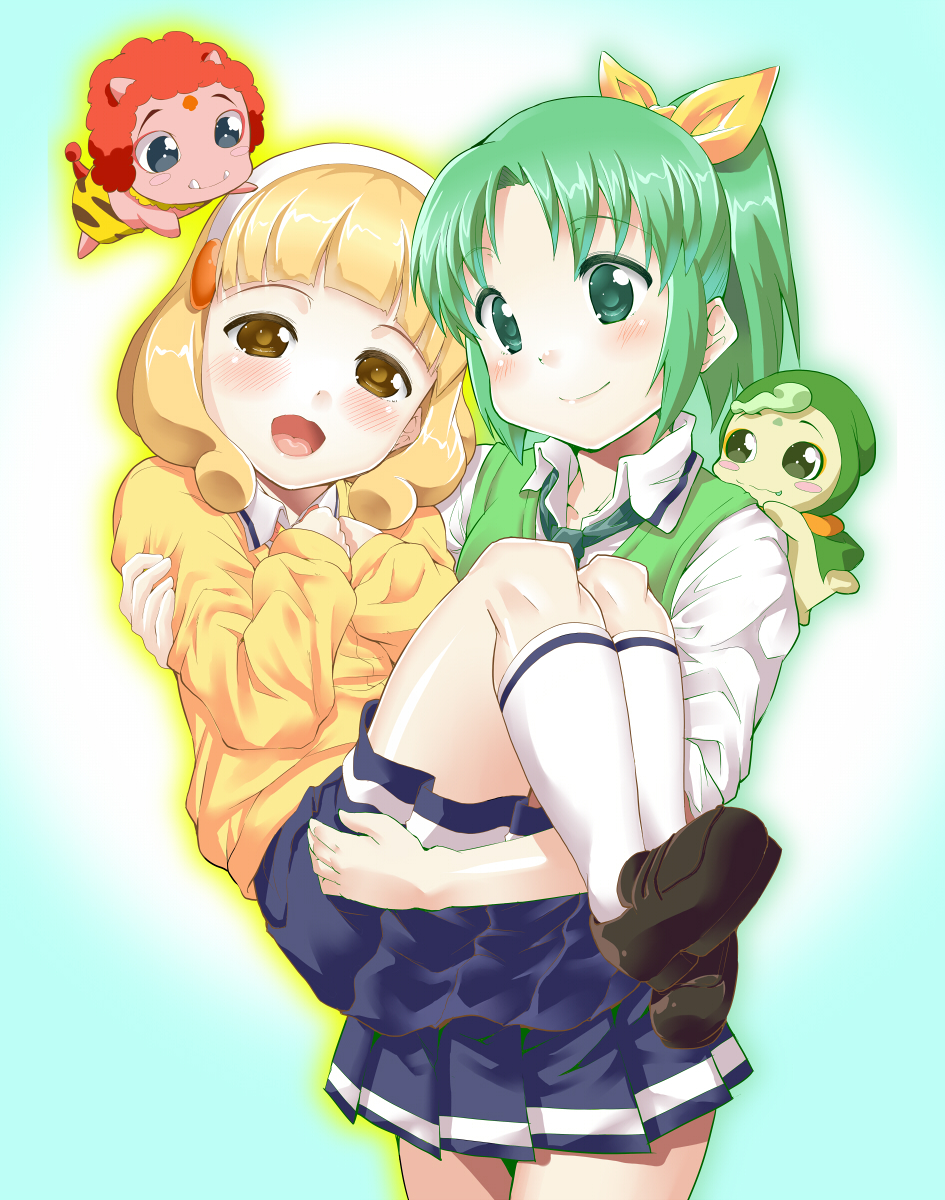10s 2girls akaooni blonde_hair blue_background blush carrying ekakibito fairy green_hair hairband highres kise_yayoi long_hair majorin majorina midorikawa_nao multiple_girls onini open_mouth ponytail precure princess_carry short_hair skirt sleeves_rolled_up smile smile_precure! white_hairband yellow_eyes