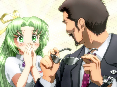 07th_expansion 1boy 1girl beard blouse blush brown_hair collared_shirt facial_hair formal_clothes green_eyes green_hair hair_ribbon higurashi_no_naku_koro_ni kasai_tatsuyoshi long_hair lowres necktie no_naku_koro_ni_(series) own_hands_together ribbon ryukishi07_(style) school_uniform shirt short_hair sonozaki_shion suit sunglasses surprised tenkai_no_shinshi watch white_shirt wristwatch