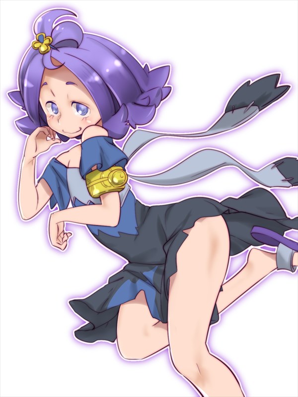 1girl acerola_(pokemon) armlet bad_proportions dress female_focus hair_ornament jewelry nintendo pokemon pokemon_sm purple_dress purple_eyes purple_hair sandals short_hair simple_background solo white_background zaitsu