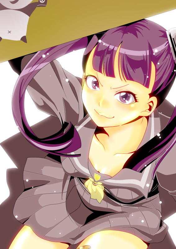 &gt;:| 1girl :| ace_attorney bad_id bad_pixiv_id bandaid blush box closed_mouth female_focus myriam_scuttlebutt phoenix_wright:_ace_attorney_-_dual_destinies pncnmmm purple_eyes purple_hair school_uniform shadow skirt smile solo twintails v-shaped_eyebrows
