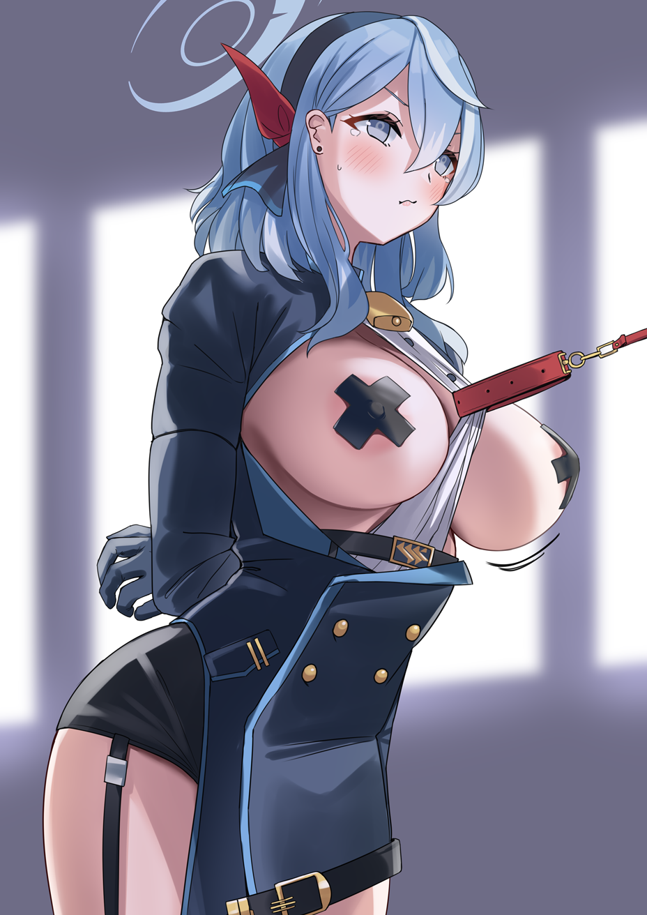 1girl ako_(blue_archive) areola_slip arms_behind_back bell blue_archive blue_eyes blue_gloves blue_hair blush breasts buttons closed_mouth cowbell cross cross_pasties double-breasted from_side gachou garter_straps gloves hair_between_eyes hair_ornament hairband halo highres large_breasts leash long_hair long_sleeves medium_hair motion_lines neck_bell pasties red_ribbon ribbon solo thighs