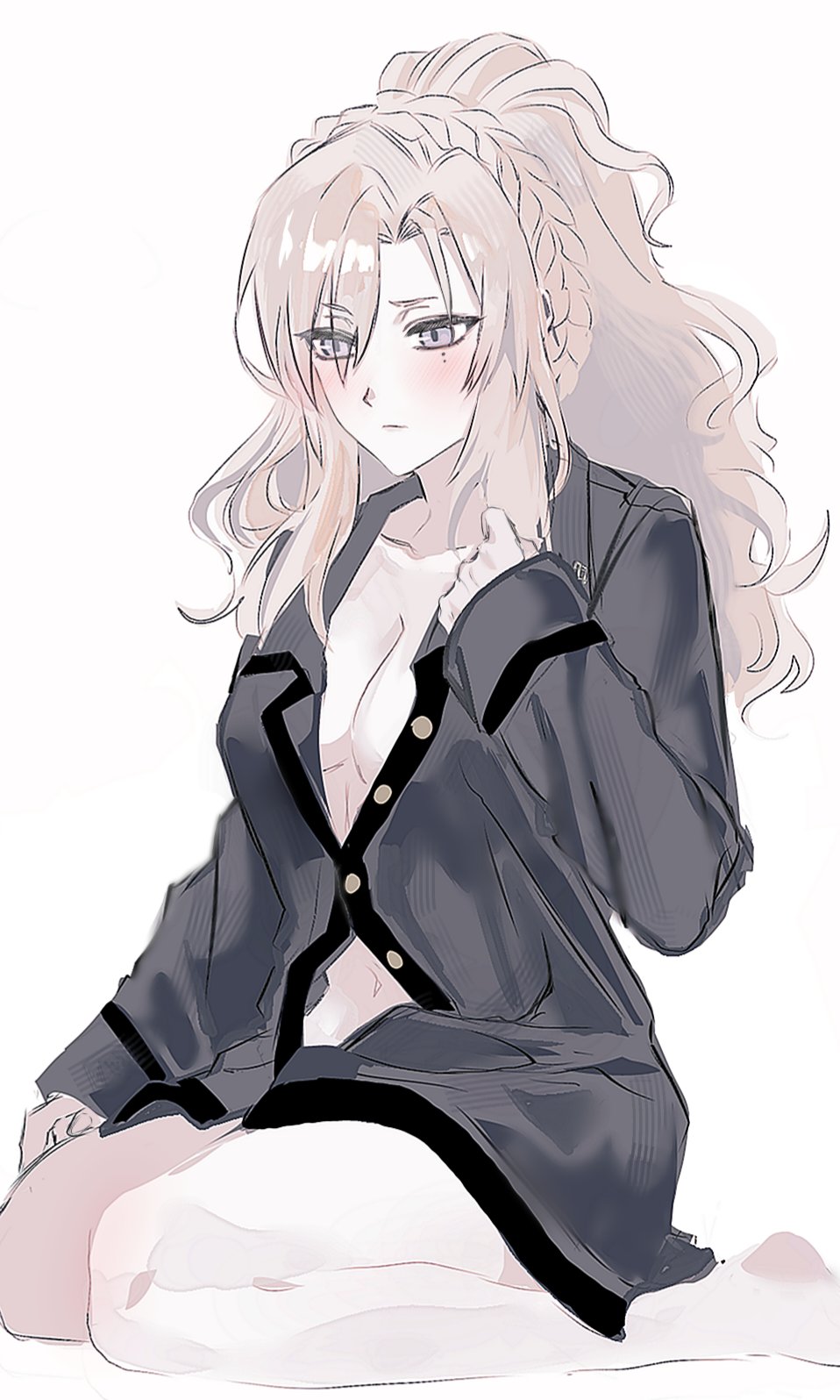 1girl alternate_costume black_pajamas blush braid breasts cleavage closed_mouth commentary_request fate/grand_order fate_(series) grey_eyes grey_hair highres kckhsrrr korean_commentary kriemhild_(fate) long_hair long_sleeves medium_breasts mole mole_under_eye multiple_moles navel pajamas pale_skin ponytail simple_background sitting sleeves_past_wrists solo white_background