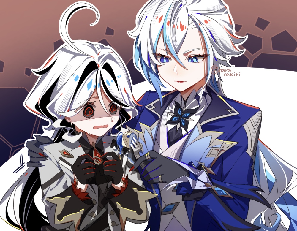 2girls @_@ ahoge arlecchino_(genshin_impact) black_eyes black_gloves blue_eyes cake cake_slice cosplay costume_switch eye_color_switch feeding food fork furina_(genshin_impact) genshin_impact gloves grabbing_another&#039;s_shoulder hair_intakes jewelry long_hair long_sleeves multicolored_hair multiple_girls nara_nakiri streaked_hair tearing_up vest white_hair