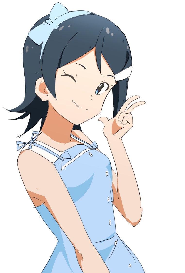 1girl asafina bare_shoulders blue_bow blue_dress blue_eyes blue_hair blue_ribbon bow breasts closed_mouth dot_nose dress from_side hair_bow hair_ornament hair_ribbon hairclip hand_up idolmaster idolmaster_dearly_stars medium_breasts mizutani_eri one_eye_closed ribbon short_hair simple_background sleeveless sleeveless_dress smile solo upper_body w white_background