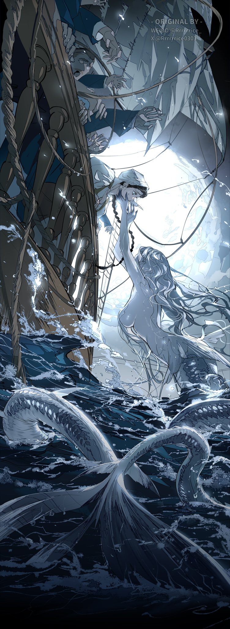 2girls 4boys braid breasts brown_hair colored_skin fins fish_tail full_moon headscarf highres huge_moon hypnosis long_hair mermaid mind_control monster_girl moon multiple_boys multiple_girls ocean original outstretched_arms reaching rope rrr_(reason) sail scales ship single_braid tail water water_drop watercraft watermark wavy_hair white_hair white_skin yuri