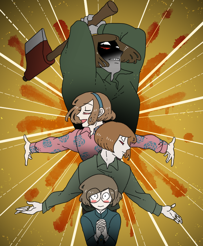4boys aged_down akaiti axe axe_luther blood brown_hair dream_luther emphasis_lines extra_eyes floral_print gakuran glasses green_shirt holding holding_axe luther_von_ivory male_focus multiple_boys multiple_persona outstretched_arms own_hands_clasped own_hands_together pink_shirt randal&#039;s_friends round_eyewear school_uniform shaded_face shirt short_hair yellow_background