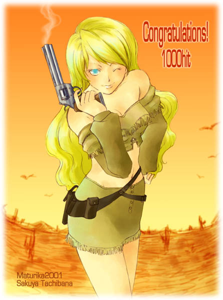 1girl 2001 bad_id blonde_hair blue_eyes brown_shirt brown_skirt closed_mouth congratulations cowboy_shot crop_top desert finger_on_trigger fringe_trim gun handgun holding holding_gun holding_weapon holster long_hair looking_at_viewer milestone_celebration off-shoulder_shirt off_shoulder one_eye_closed orange_background orange_sky original outdoors revolver shirt skirt sky smile smoke smoking_barrel solo sunset tachibana_sakuya_(matsurika) weapon