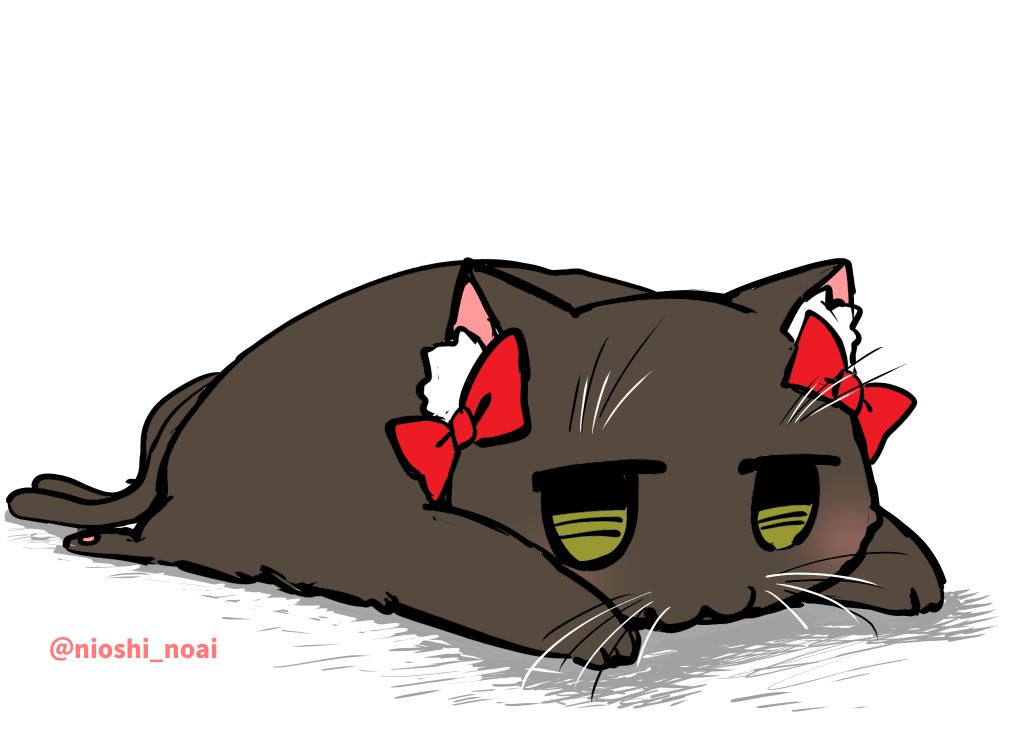 :3 animal_focus black_cat bow cat commentary_request full_body kaenbyou_rin kaenbyou_rin_(cat) looking_at_viewer lying multiple_tails no_humans noai_nioshi on_stomach red_bow simple_background solo sploot tail touhou twitter_username two_tails whiskers white_background yellow_eyes