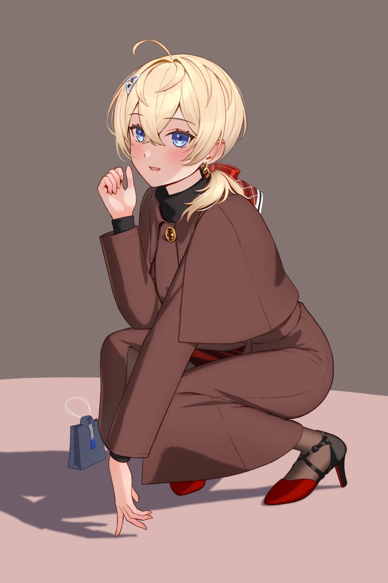 1girl bag black_coat blonde_hair blue_eyes blush coat commentary crossed_bangs full_body hair_between_eyes hair_ornament hair_ribbon handbag high_heels highres kantai_collection long_sleeves looking_at_viewer pantyhose porupurucha red_ribbon ribbon shadow shoes simple_background solo squatting tuscaloosa_(kancolle) tuscaloosa_(valentine)_(kancolle)
