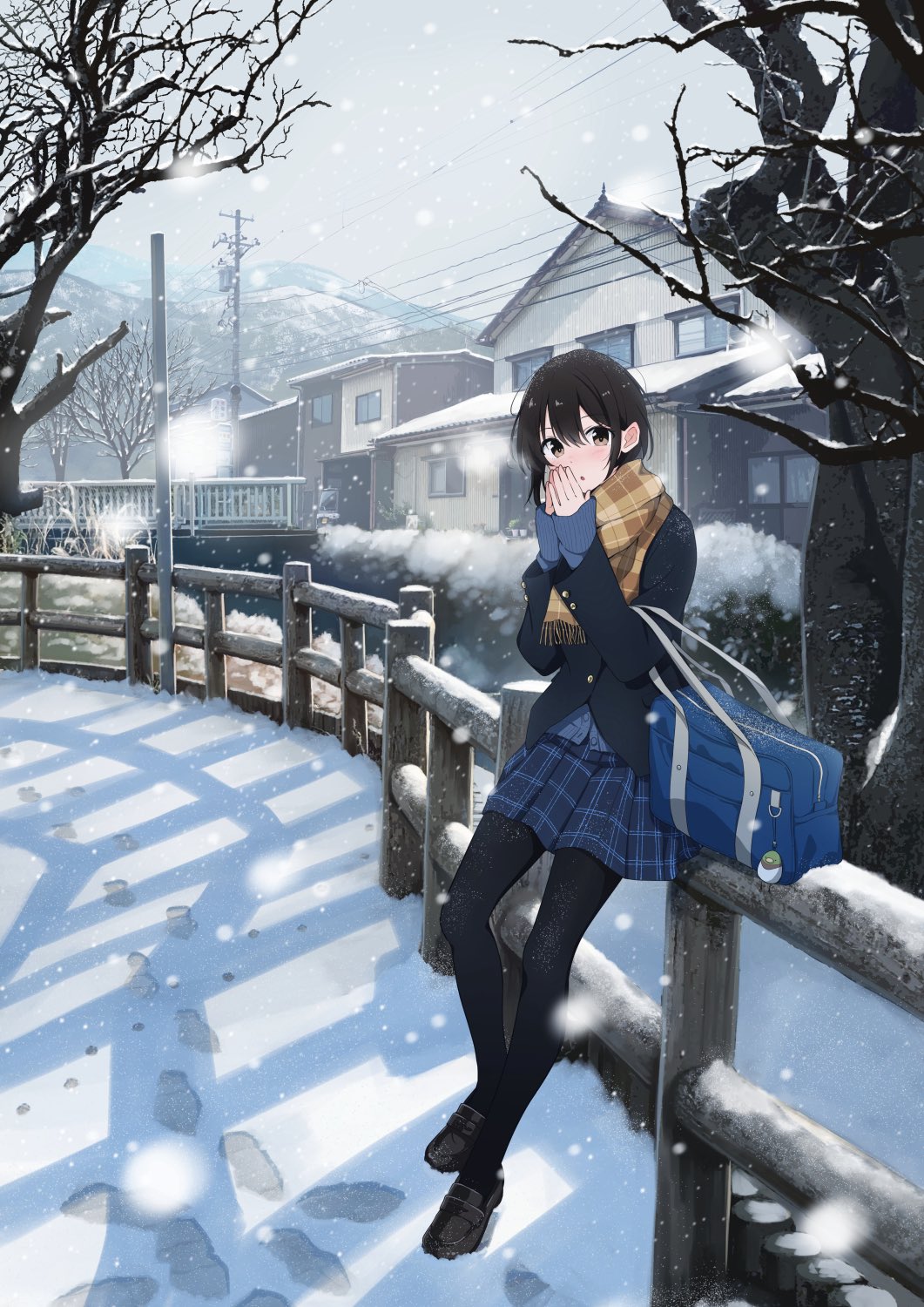 1girl bag bag_charm black_eyes black_jacket black_pantyhose blue_background blue_jacket building charm_(object) day fence highres house jacket loafers original outdoors own_hands_together pantyhose plaid_clothes plaid_scarf plaid_skirt sakeharasu scarf school_uniform shoes shoulder_bag skirt sleeves_past_wrists snow solo standing tree utility_pole winter wooden_fence