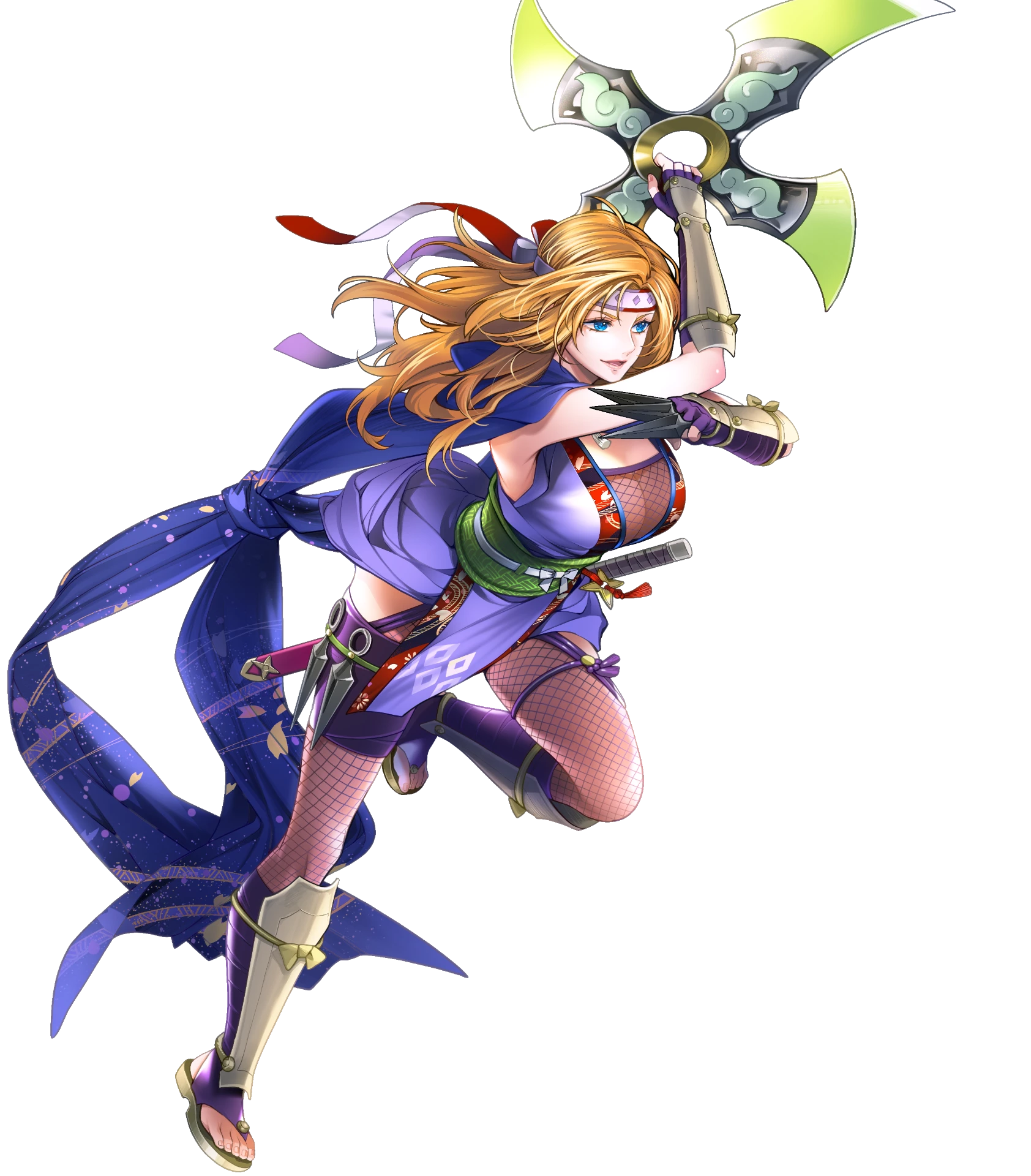 1girl arm_guards attack blonde_hair blue_eyes blue_scarf bodystocking breasts cleavage fire_emblem fire_emblem:_radiant_dawn fire_emblem_heroes fishnet_bodystocking fishnets fuuma_shuriken heather_(fire_emblem) heather_(ninja)_(fire_emblem) highres holding holding_shuriken holding_weapon japanese_clothes large_breasts long_hair lunge ninja nintendo non-web_source official_alternate_costume official_art parted_lips pelvic_curtain sandals scarf shin_guards shuriken smile solo weapon zouri