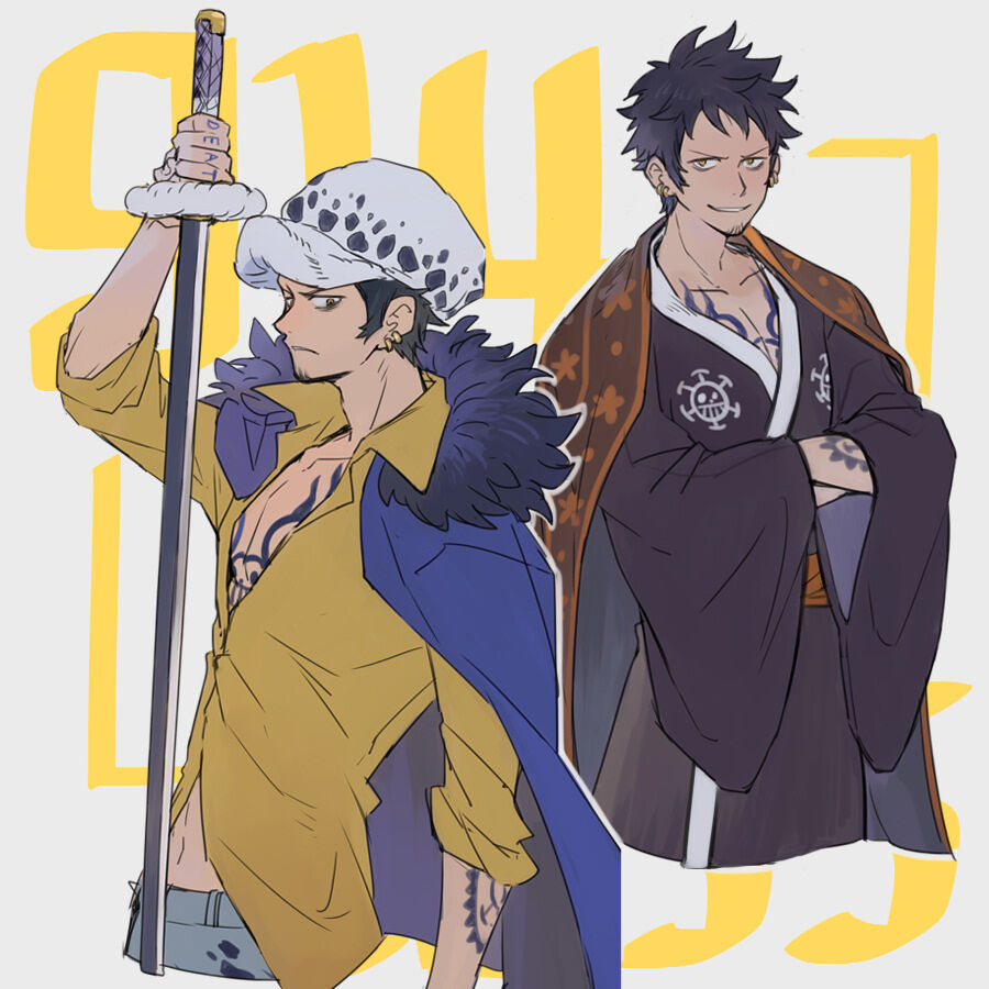 arm_tattoo bags_under_eyes black_hair chest_tattoo coat coat_on_shoulders earrings facial_hair from_side fur-trimmed_coat fur_hat fur_trim hand_up hat holding holding_sword holding_weapon japanese_clothes jewelry kimono male_focus multiple_views official_alternate_costume one_piece shirt short_hair simple_background sleeves_rolled_up smile sword tattoo trafalgar_law weapon yellow_eyes yellow_shirt yurichi_(artist)