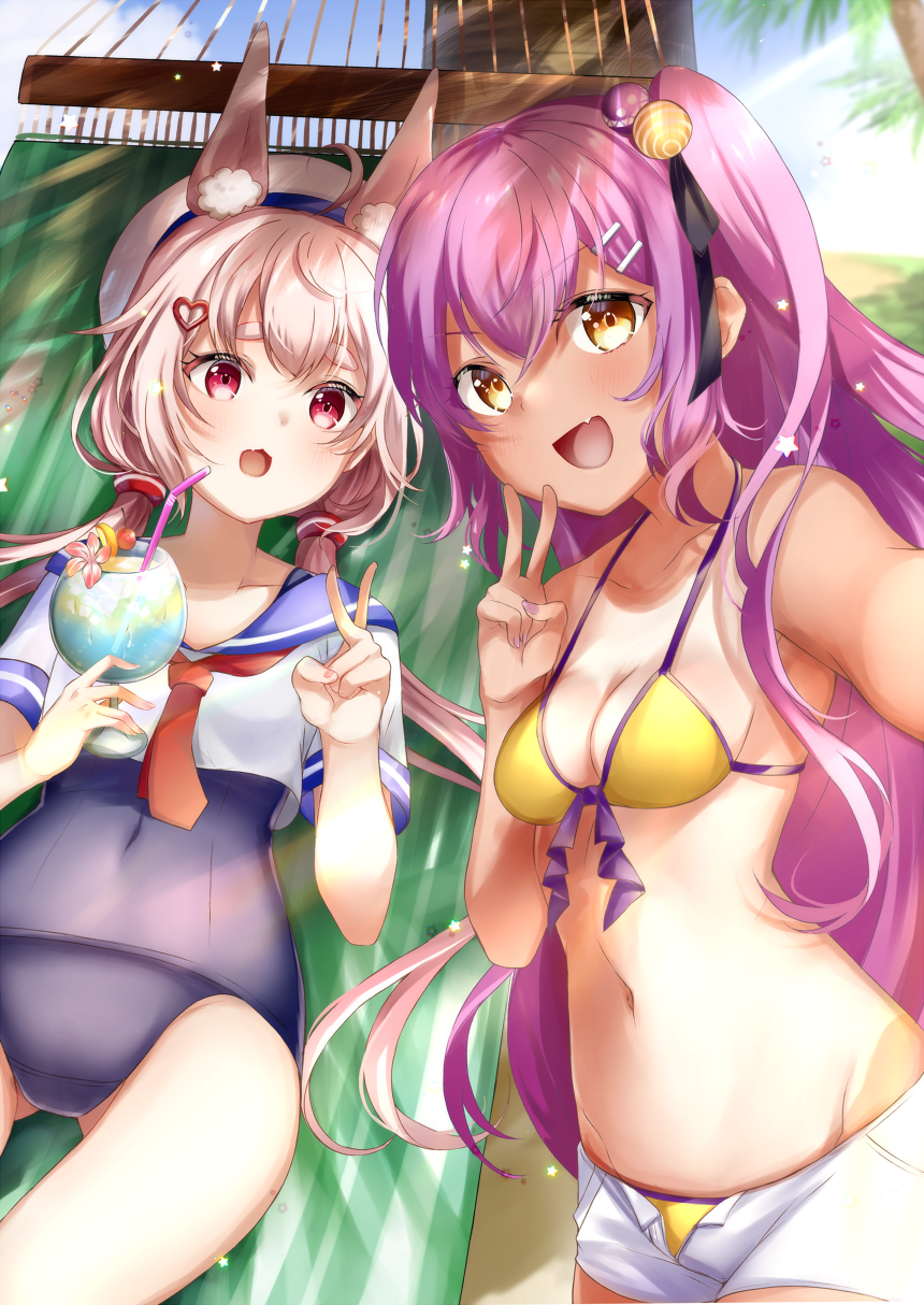 2girls ahoge animal_ear_fluff animal_ears bare_arms bare_shoulders beach bikini bikini_under_shorts black_ribbon blue_one-piece_swimsuit blue_sailor_collar breasts cleavage collarbone covered_navel cowboy_shot crop_top cup day drink drinking_glass drinking_straw fang front-tie_bikini_top front-tie_top gluteal_fold groin hair_between_eyes hair_bobbles hair_ornament hair_ribbon hairclip halterneck hammock hand_up hands_up hat heart heart_hair_ornament highres hinomori_anzu holding holding_drink indie_virtual_youtuber light_blush long_hair looking_at_viewer low_twintails lying mashiro_aa medium_breasts multiple_girls nail_polish navel necktie on_back one-piece_swimsuit one-piece_tan one_side_up open_clothes open_mouth open_shorts outdoors outstretched_arms palm_tree pink_hair purple_nails rabbit_ears red_eyes red_necktie ribbon sailor_collar sailor_hat sailor_shirt selfie shirt shirt_overhang short_eyebrows short_shorts short_sleeves shorts sidelocks skin_fang small_breasts smile string_bikini sunlight swimsuit swimsuit_under_clothes tan tanline thick_eyebrows thigh_gap tomari_mari tree twintails v v-shaped_eyebrows very_long_hair virtual_youtuber white_hat white_shirt white_shorts yellow_bikini yellow_eyes