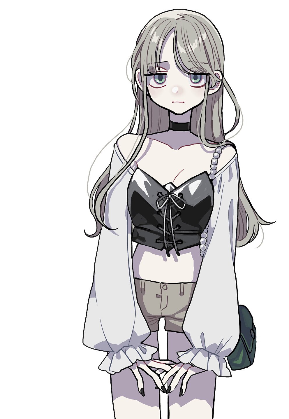 1girl :| aqua_eyes bag black_choker black_nails breasts character_request choker cleavage closed_mouth collarbone copyright_request fingernails green_bag grey_hair grey_shorts half-closed_eyes handbag highres legs_apart long_hair long_sleeves medium_breasts nail_polish short_shorts shorts simple_background solo standing white_background yoshioka_suke