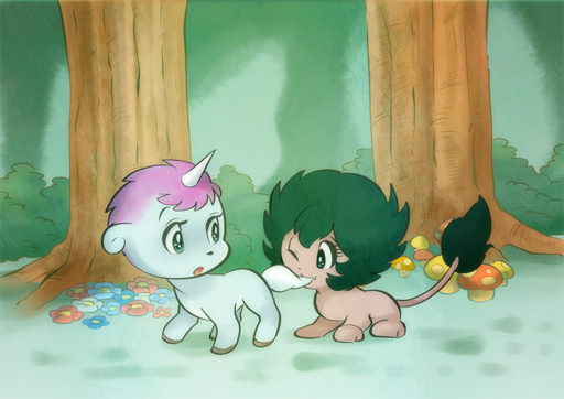 1980s_(style) biting flower forest green_eyes green_hair horns jobn looking_back mushroom nature retro_artstyle open_mouth pink_hair pyro_(unico) retro_artstyle saving_our_fragile_earth single_horn sphinx tail tail_biting tree unico unico_(character) unicorn wink