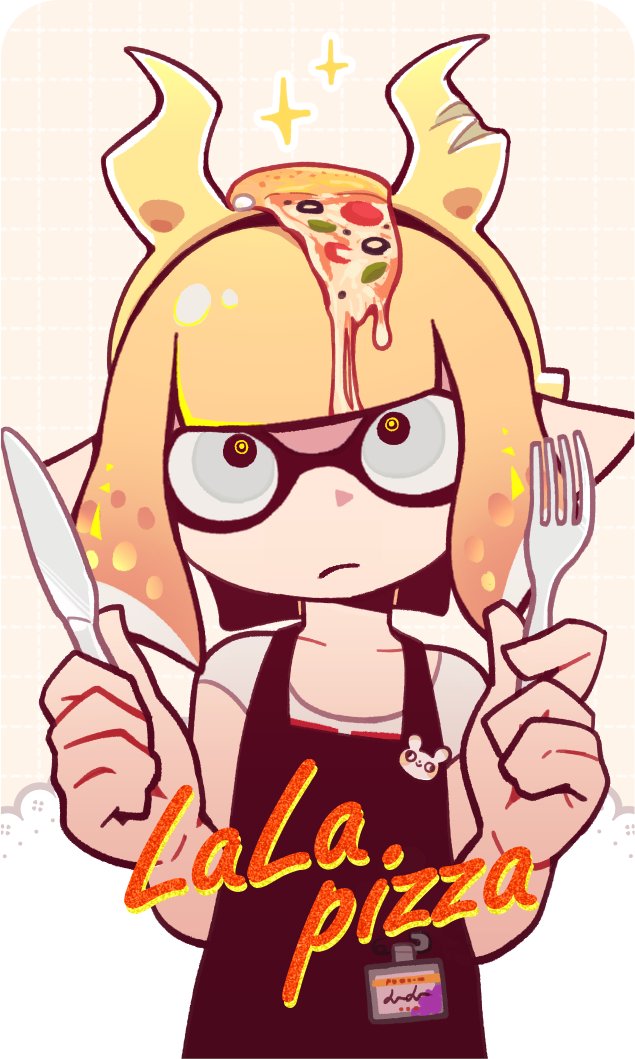 1girl apron black_apron blonde_hair blue_eyes blunt_bangs chinese_commentary closed_mouth commentary_request demon_horns expressionless fake_horns food food_on_head fork hairband hands_up holding holding_fork holding_knife horn_hairband horns id_card inkling inkling_girl inkling_player_character knife looking_up nintendo object_on_head pizza pizza_slice pointy_ears shirt short_hair short_sleeves solo sparkle splatoon_(series) tentacle_hair upper_body white_shirt yellow_hairband yunxd