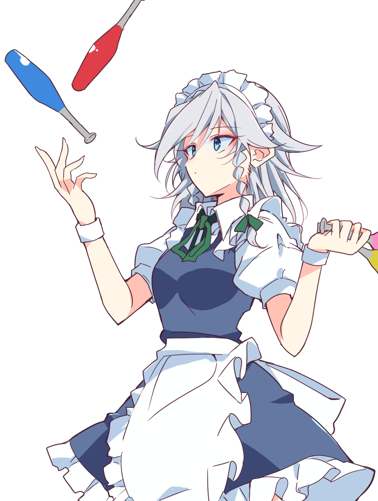 1girl apron back_bow blue_dress blue_eyes blue_skirt bow breasts collared_shirt commentary_request dress frilled_apron frilled_dress frills green_ribbon grey_hair hair_ribbon highres ichimura_kanata izayoi_sakuya juggling_club neck_ribbon puffy_short_sleeves puffy_sleeves ribbon shirt short_sleeves simple_background skirt small_breasts solo touhou undershirt waist_apron waist_bow white_apron white_background white_bow white_wrist_cuffs wrist_cuffs