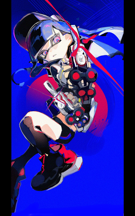 1girl aiming aiming_at_viewer baseball_cap black_border black_footwear black_hat black_shorts black_sweater blue_background blue_hair blue_pupils blunt_bangs border clothes_lift collared_shirt dual_wielding hat holding holding_weapon inkling_girl inkling_player_character long_hair nintendo parted_lips pink_eyes shirt shirt_lift shorts solo splatoon_(series) standing standing_on_one_leg suymix320 sweater teeth tentacle_hair tetra_dualies_(splatoon) weapon white_shirt