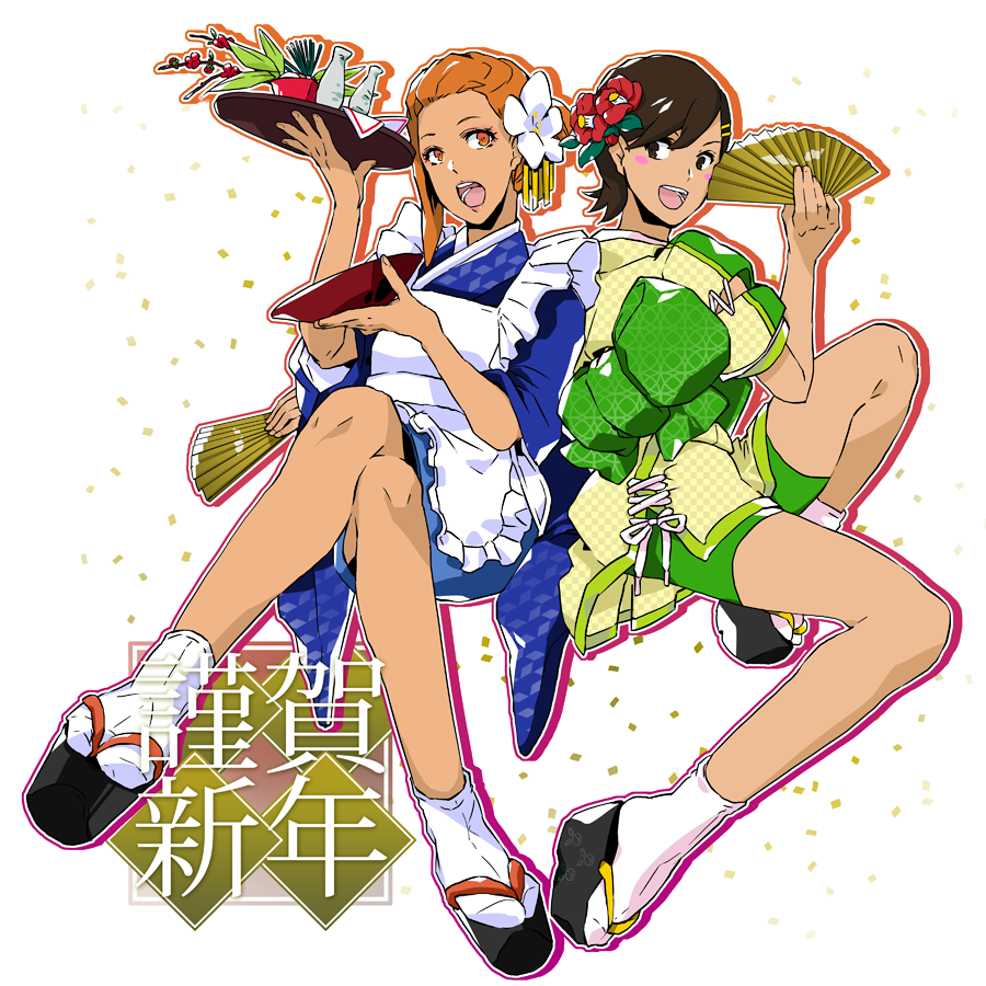 2girls apron bike_shorts blush brown_eyes brown_hair camellia_(e.x._troopers) capcom crossed_legs dark-skinned_female dark_skin drink e.x._troopers flower flower_on_head food forehead gyaru hand_fan japanese_clothes kana_toco legs lost_planet multiple_girls obi orange_eyes orange_hair plate platform_footwear sash short_hair skirt smile tabi thighs yuna_(e.x._troopers)