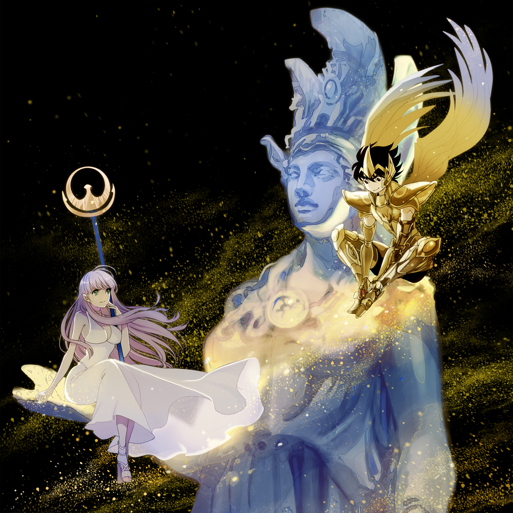 1boy 1girl armor athena black_hair dress gold_armor green_eyes isi88 jobo_(isi88) kido_saori long_hair pegasus_seiya purple_hair saint_seiya short_hair simple_background staff statue