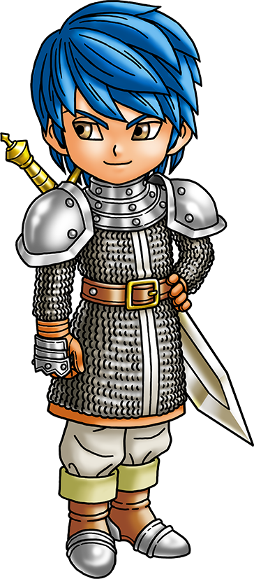 1boy armor artist_request belt blue_hair brown_belt brown_eyes chainmail dragon_quest dragon_quest_builders_2 gloves hand_on_own_hip looking_to_the_side male_focus official_art orange_gloves pants pauldrons rick_(dqb2) short_hair shoulder_armor smile solo steel-toe_boots sword sword_on_back transparent_background weapon weapon_on_back white_pants