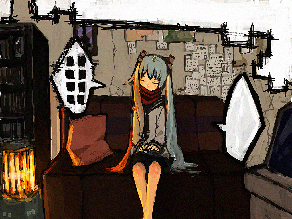 1girl alternate_costume black_necktie black_sailor_collar blank_speech_bubble blue_hair bookshelf closed_eyes commentary couch covered_mouth crack cracked_wall facing_viewer feet_out_of_frame grey_shirt hair_ornament hair_over_shoulder hands_on_lap hatsune_miku indoors kerosene_heater long_hair long_sleeves mizu_denpa necktie on_couch pillow red_scarf sailor_collar scarf school_uniform serafuku shirt sidelighting sitting solo speech_bubble symbol-only_commentary twintails vocaloid