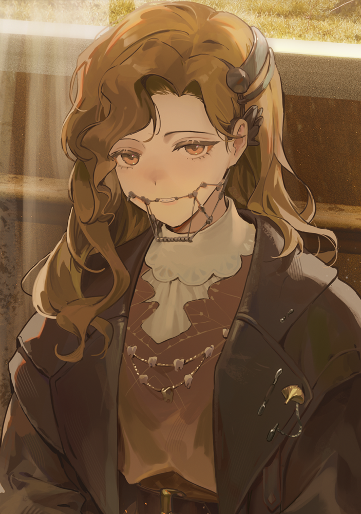 1girl braces brown_coat brown_eyes brown_hair cccc2445 coat cropped curtains dress indoors jewelry looking_at_viewer necklace red_dress reverse:1999 solo tooth_fairy_(reverse:1999) tooth_necklace upper_body