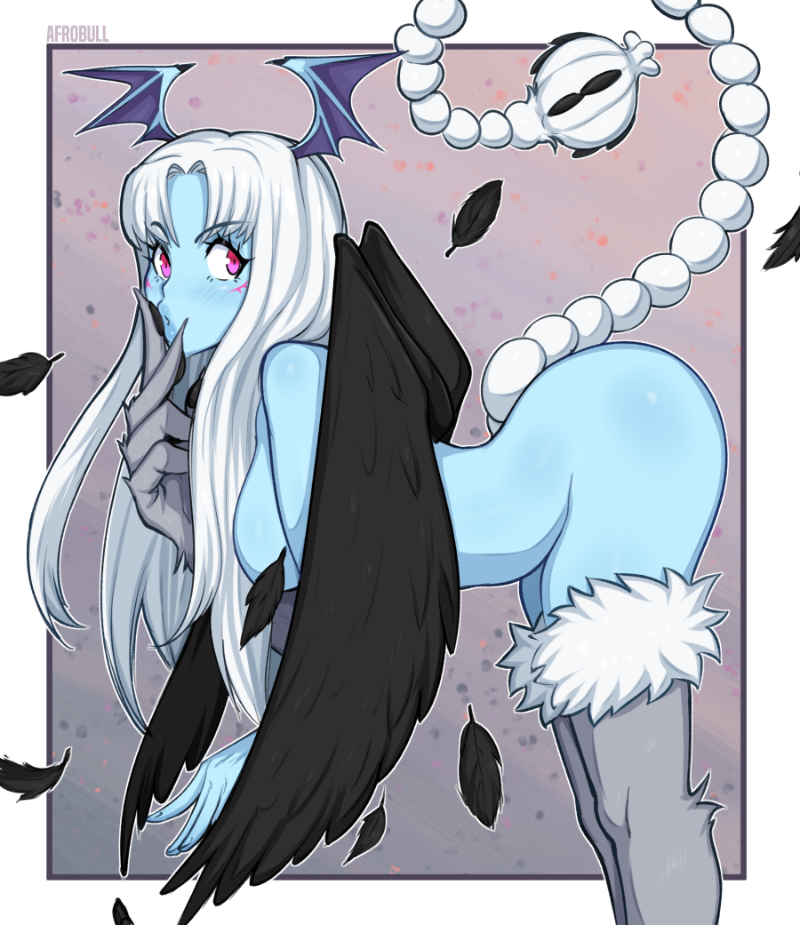1girl afrobull artist_name bad_id bad_pixiv_id blue_skin blush breasts colored_skin cowboy_shot demon_girl female_focus head_wings manticore solo tagme wings