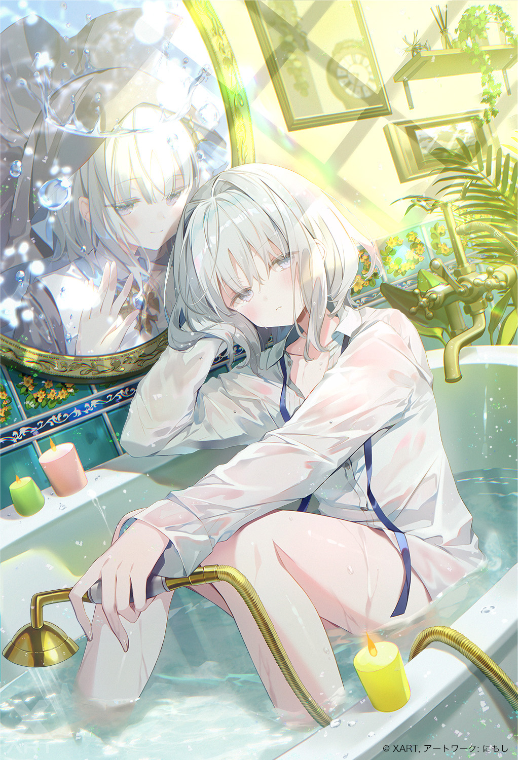 2girls bath bathroom bathtub collarbone copyright_name copyright_request dual_persona grey_hair highres ibara_riato indoors looking_at_another looking_at_viewer mirror multiple_girls no_legwear original see-through_clothes see-through_shirt see-through_sleeves shirt short_hair showering sitting smile solo water_drop watermark wet wet_clothes wet_shirt yuri