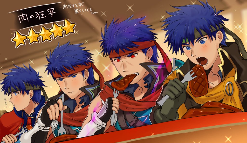 4boys blue_eyes blue_hair dark_persona eating fingerless_gloves fire_emblem fire_emblem:_path_of_radiance fire_emblem:_radiant_dawn fire_emblem_heroes food food_in_mouth fork gloves green_headband headband holding holding_fork ike_(brave_mercenary)_(fire_emblem) ike_(fire_emblem) ike_(vanguard_legend)_(fire_emblem) ike_(zeal_unleashed)_(fire_emblem) male_focus meat mimummom multiple_boys multiple_persona nintendo open_mouth red_eyes red_headband translation_request