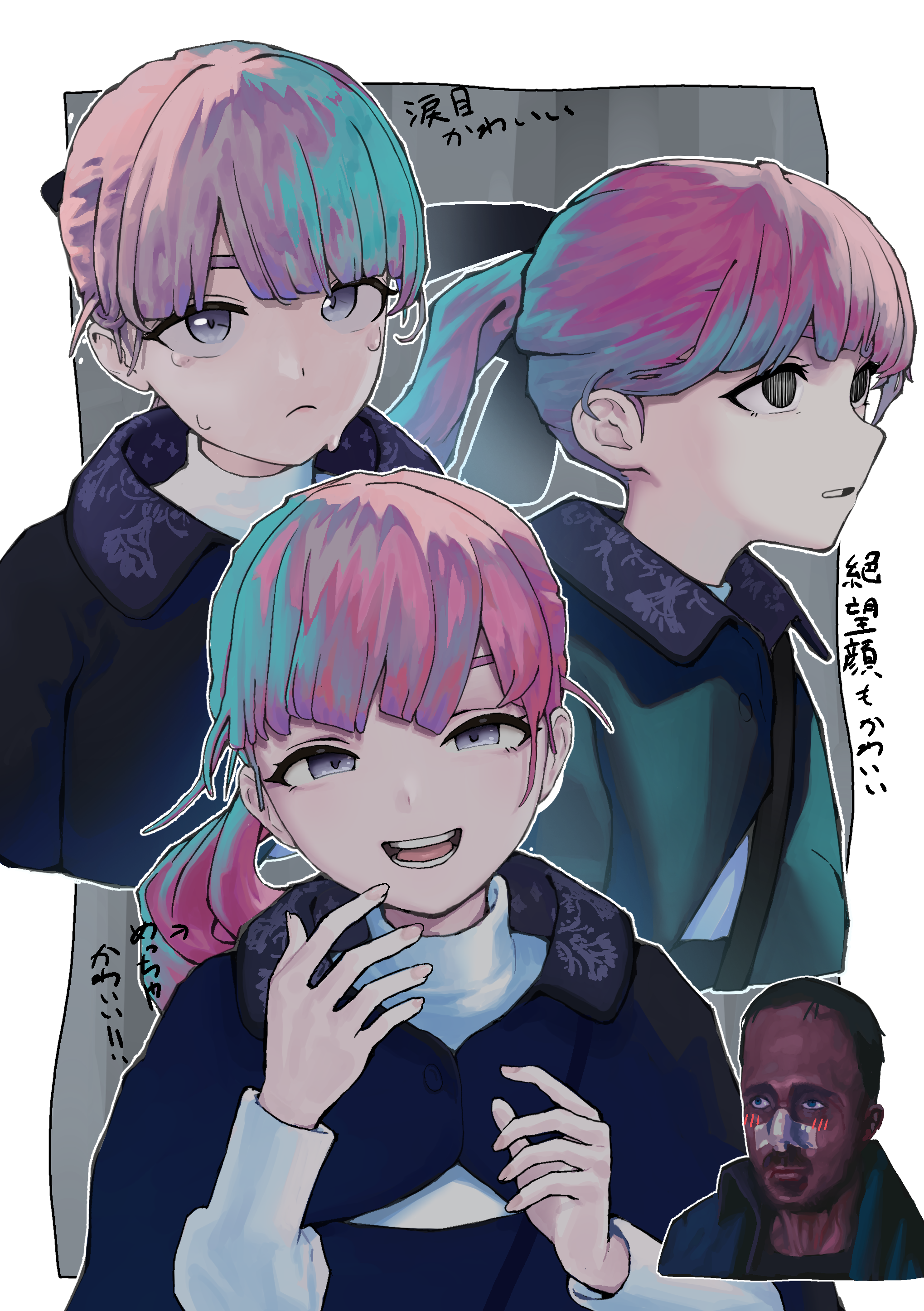 1boy 1girl :d absurdres black_bow black_hair blood blood_on_face blue_capelet border bow capelet closed_mouth cropped_torso crying crying_with_eyes_open dark-skinned_male dark_skin green_jacket grey_background grey_eyes hair_bow hands_up highres hiroko129 jacket lapwing_(vrchat) long_hair long_sleeves looking_at_viewer multicolored_hair multiple_views open_mouth outline outside_border parted_lips pink_hair ponytail puffy_sleeves purple_eyes purple_hair ryan_gosling shirt smile sweat sweatdrop tears teeth turtleneck upper_body vrchat white_border white_outline white_shirt
