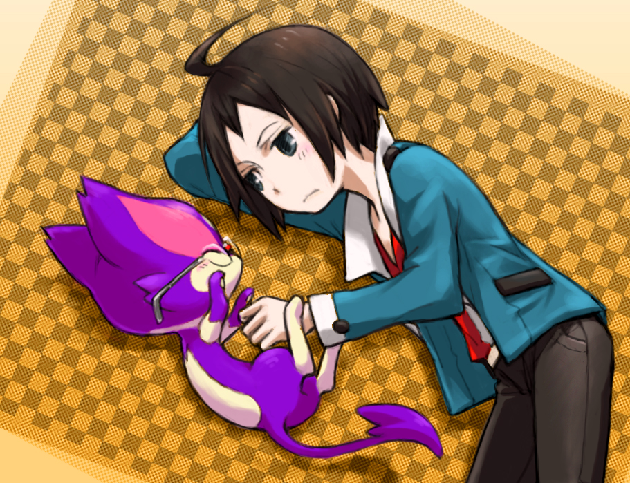 1boy aqua_jacket betty0519 black_hair black_pants blue_eyes blush cheren_(pokemon) closed_eyes commentary_request gen_5_pokemon glasses jacket lying male_focus nintendo on_side pants pokemon pokemon_(creature) pokemon_bw purrloin red_shirt shirt