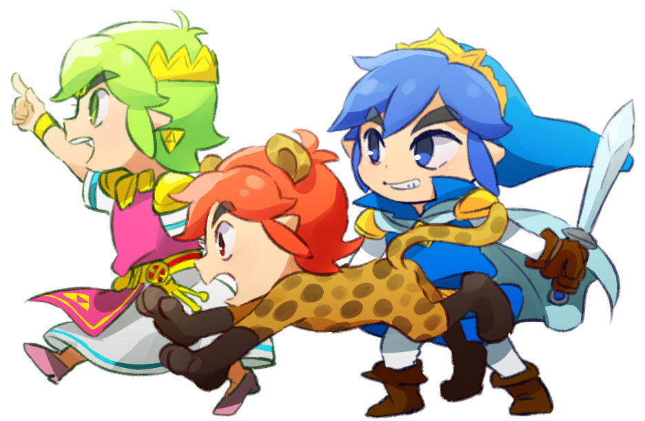 3boys all_fours animal_costume animal_ears animal_hands animal_print arm_up armor belt black_footwear black_gloves blue_cape blue_eyes blue_hair blue_headwear blue_shirt bodysuit bracelet brown_bodysuit brown_footwear brown_gloves cape clenched_hand collared_shirt cosplay crossdressing dress earrings from_side gloves green_eyes green_hair grin happy hat high_heels holding holding_sword holding_weapon index_finger_raised jewelry layered_sleeves leopard_ears leopard_print leopard_tail link long_sleeves male_focus matching_hair/eyes multiple_boys nintendo official_alternate_costume open_mouth pants paw_gloves pink_shoes pointy_ears princess_zelda princess_zelda_(cosplay) profile red_eyes red_hair running shirt shoes short_hair short_over_long_sleeves short_sleeves shoulder_armor sidelocks simple_background smile sword tabard tail teeth the_legend_of_zelda the_legend_of_zelda:_tri_force_heroes tiara toon_link triforce ukata walking weapon white_background white_dress white_pants yellow_headwear