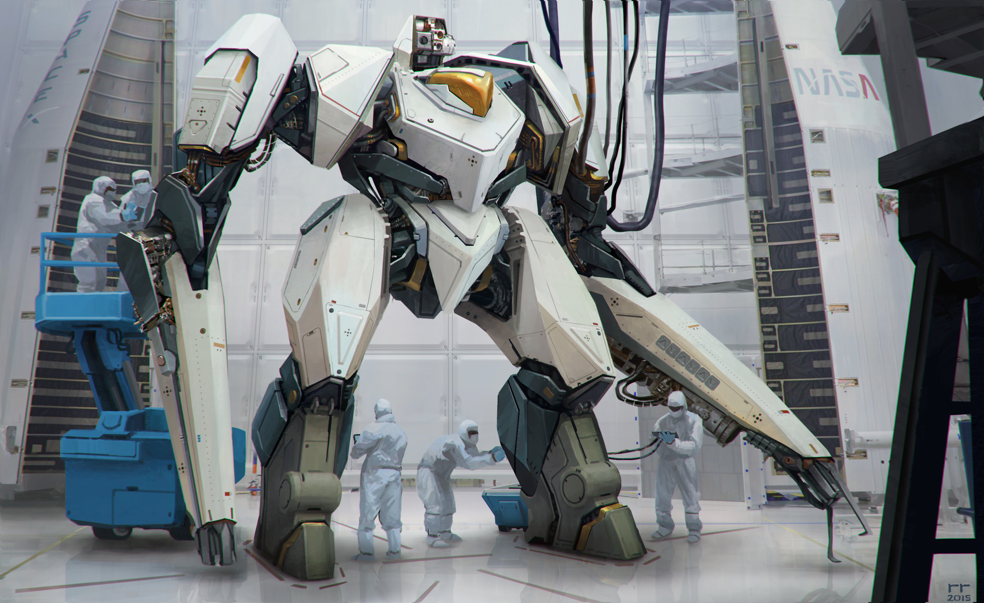 5boys absurdres cable commentary engineer english_commentary hangar hat highres machinery mask mecha mecha_focus mouth_mask multiple_boys nasa original realistic redesign repairing robot robots_r4 rocket science_fiction scientist signature spacex uniform