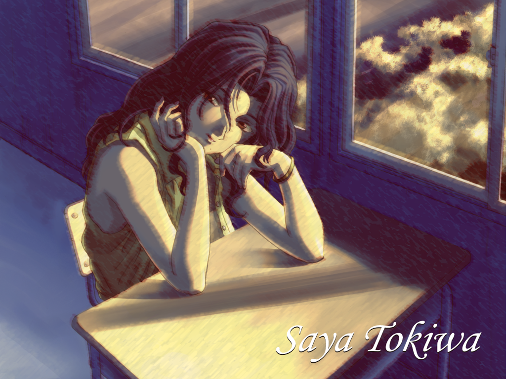 1girl artist_request blue_hair bracelet brown_eyes buttons chair character_name classroom closed_mouth collared_shirt desk english_text expressionless from_above full_on_games gold_bracelet hair_intakes hand_on_own_head head_rest indoors jewelry kuon_no_kizuna lips long_hair looking_to_the_side non-web_source official_art official_wallpaper parted_bangs school school_chair school_desk shirt simple_background sleeveless sleeveless_shirt solo tokiwa_saya window wing_collar xuse yellow_collar yellow_shirt