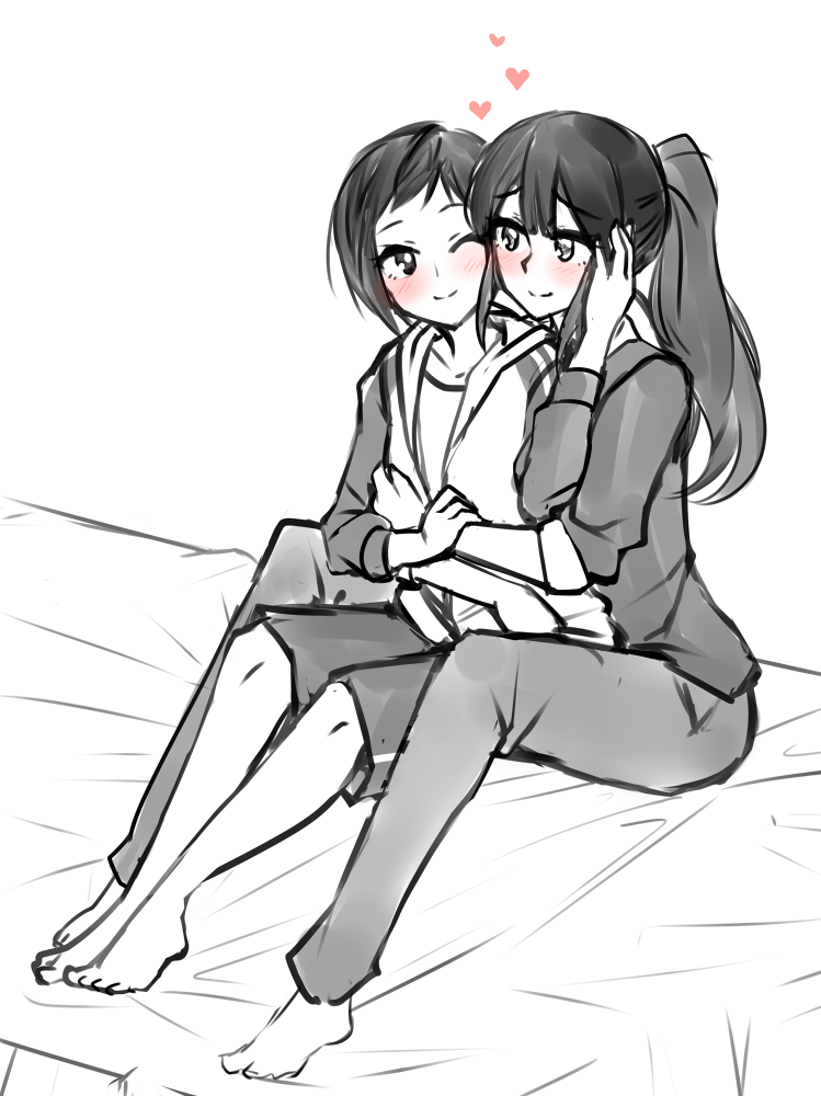 2girls barefoot blush commentary greyscale heart hug hug_from_behind jacket komano_hina long_hair looking_at_another monochrome multiple_girls okujou_no_yurirei-san one_eye_closed open_clothes open_jacket pants ponytail short_hair shorts sitting sitting_on_lap sitting_on_person sketch spot_color toomi_yuna twrlare yuri