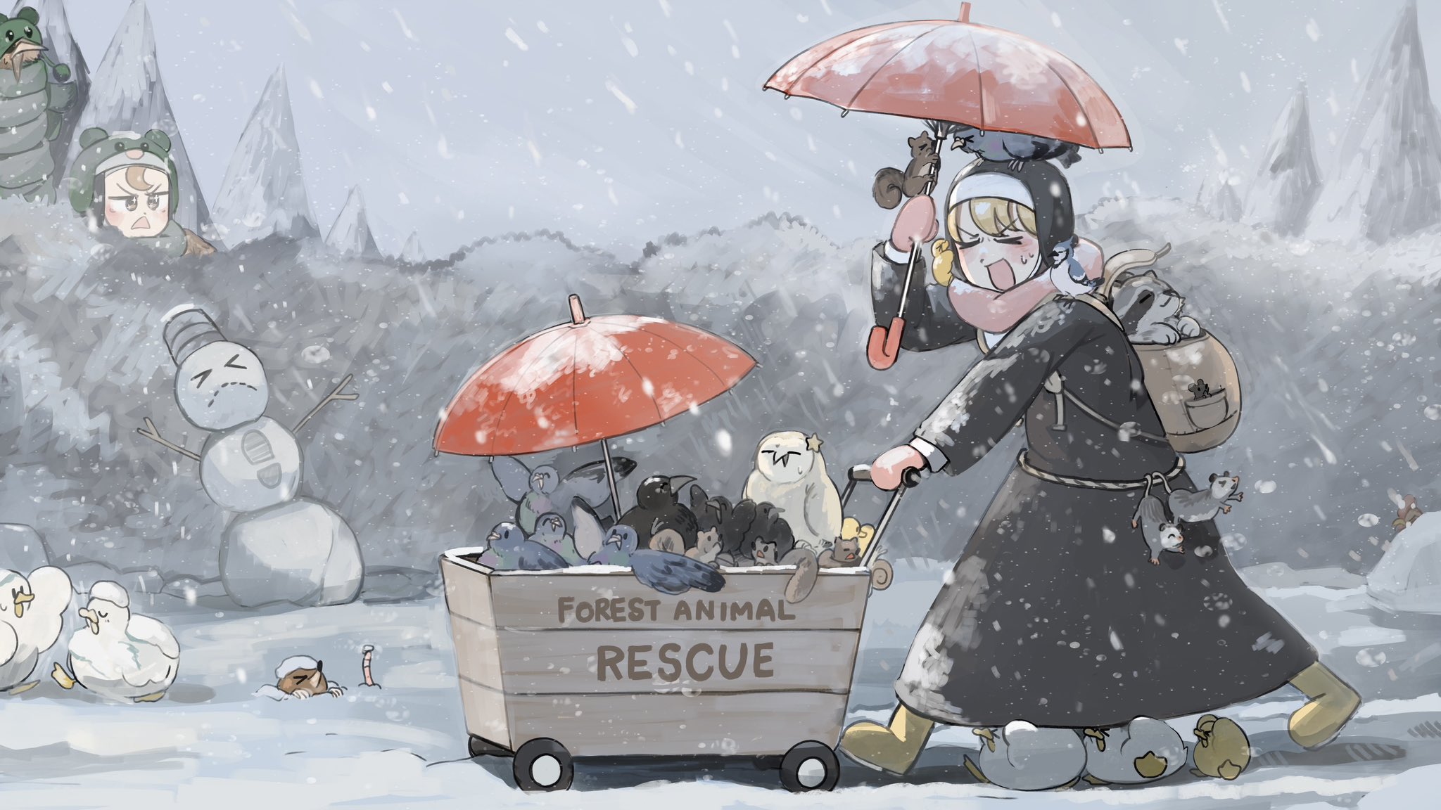 2girls :d baby_animal backpack bag bird blizzard blonde_hair blue_jay boots brown_hair chicken clumsy_nun_(diva) commentary crow diva_(hyxpk) duck duckling earthworm english_commentary froggy_nun_(diva) highres holding holding_umbrella little_nuns_(diva) mittens mole_(animal) mouse_(animal) multiple_girls nun open_mouth ostrich owl pigeon pink_mittens pink_scarf possum red_umbrella rubber_boots scarf smile snow snowing snowman squirrel traditional_nun umbrella yellow_boots