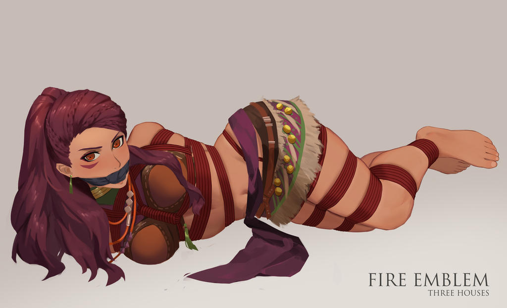1girl arms_behind_back barefoot bdsm blush bondage bound bound_ankles bound_arms bound_legs bound_torso braid braided_ponytail breast_bondage breasts brown_hair cleave_gag cloth_gag earrings facial_mark fire_emblem fire_emblem:_three_houses gag gagged improvised_gag jewelry legs looking_at_viewer lying navel nintendo petra_macneary purple_hair rainnear side_braid thighs