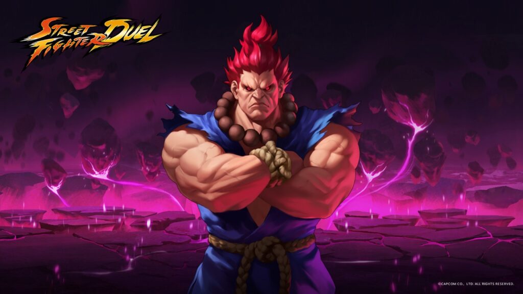 akuma_(street_fighter) beads black_sclera colored_sclera crossed_arms floating_rock gauntlets lightning logo muscular muscular_male official_art prayer_beads red-eye_effect red_hair rock rope rope_belt serious street_fighter street_fighter:_duel topknot volcano