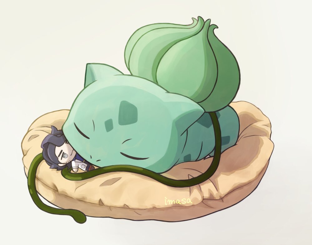 professor_sycamore bulbasaur character_doll closed_eyes commentary_request cushion doll gen_1_pokemon im_i_masa lying nintendo no_humans on_stomach plant pokemon pokemon_(creature) pokemon_xy signature sleeping solo vines white_background