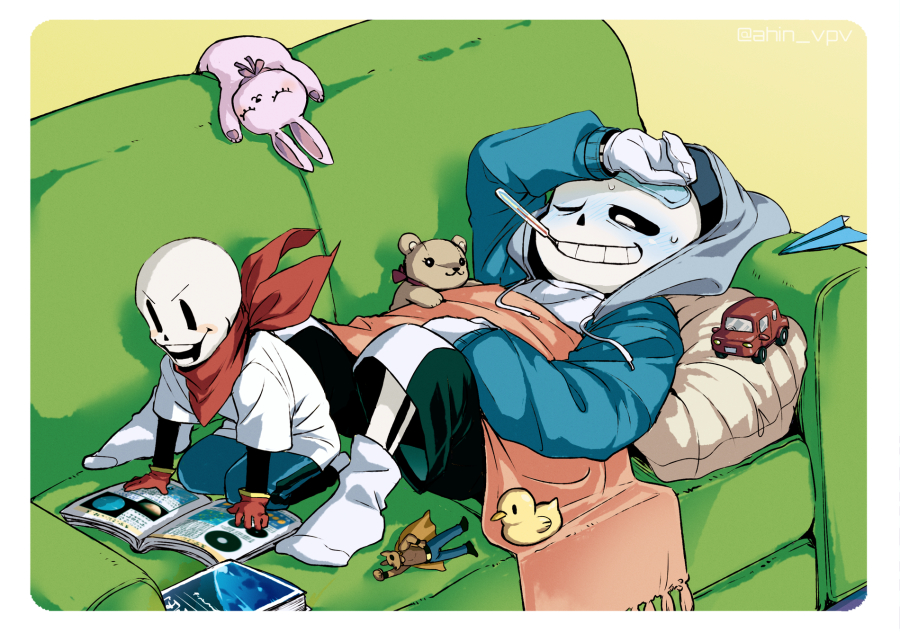2boys aged_down ahin_vpv black_sclera coat colored_sclera couch fever grin lying male_focus multiple_boys one_eye_closed papyrus_(undertale) sans_(undertale) skeleton smile stuffed_toy teeth toy_car undertale white_eyes