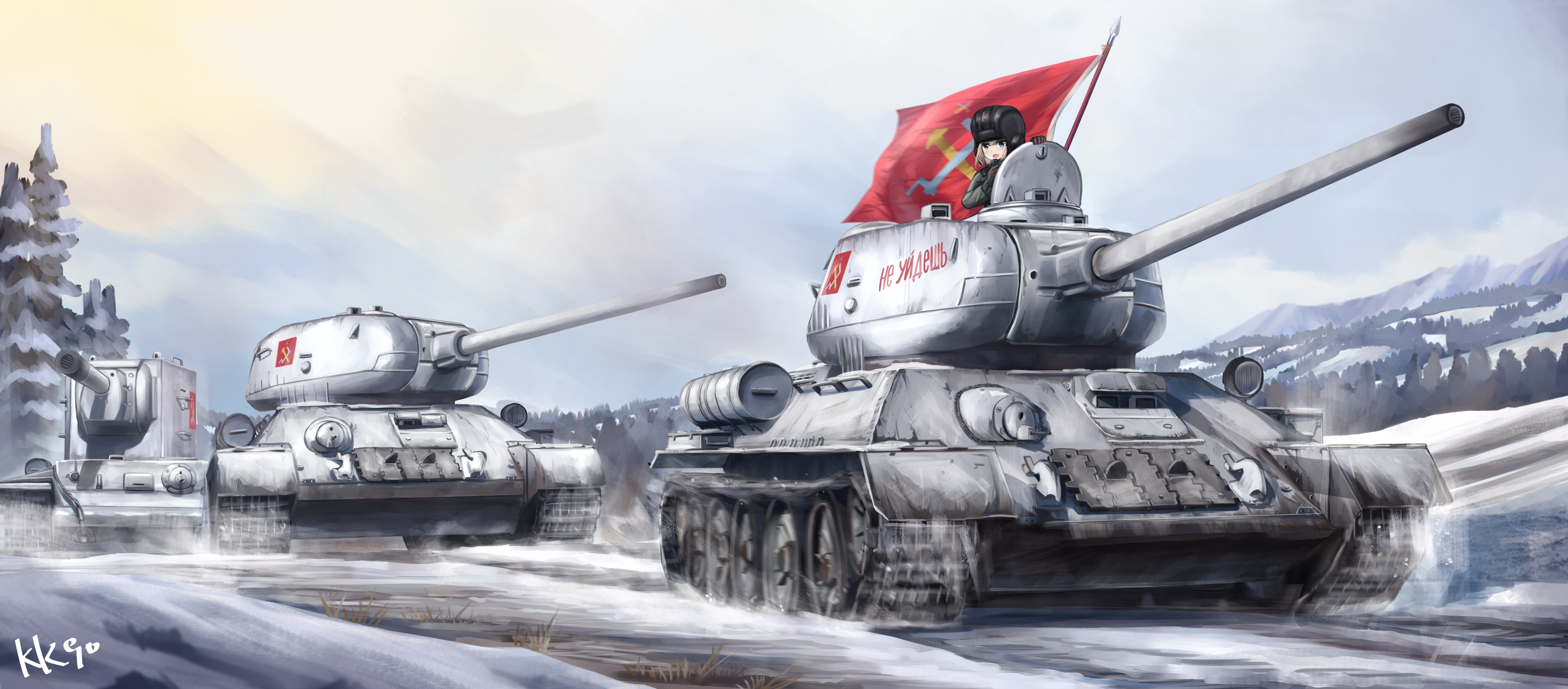 1girl absurdres artist_name blonde_hair blue_eyes brown_gloves driving emblem flag flag_on_vehicle girls_und_panzer gloves helmet highres katyusha_(girls_und_panzer) kk90 kv-2 landscape military military_uniform military_vehicle motor_vehicle pravda_(emblem) pravda_military_uniform signature snow solo t-34 tank tank_helmet tree vehicle_focus winter winter_clothes world_war_ii