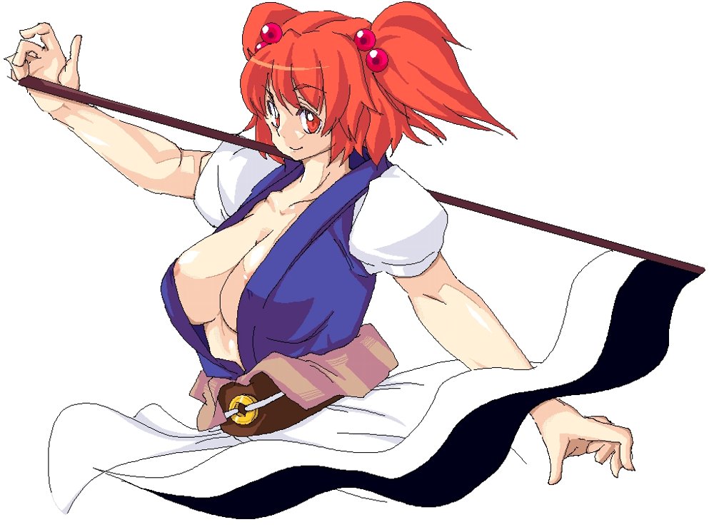 1girl areola_slip blue_kimono breasts brown_sash cleavage closed_mouth coin coin_on_string commentary_request hair_bobbles hair_ornament holding holding_scythe japanese_clothes kimono large_breasts looking_at_viewer mori_shin_risuku no_bra obi onozuka_komachi puffy_short_sleeves puffy_sleeves red_eyes red_hair sash scythe short_hair short_sleeves simple_background smile solo touhou upper_body white_background