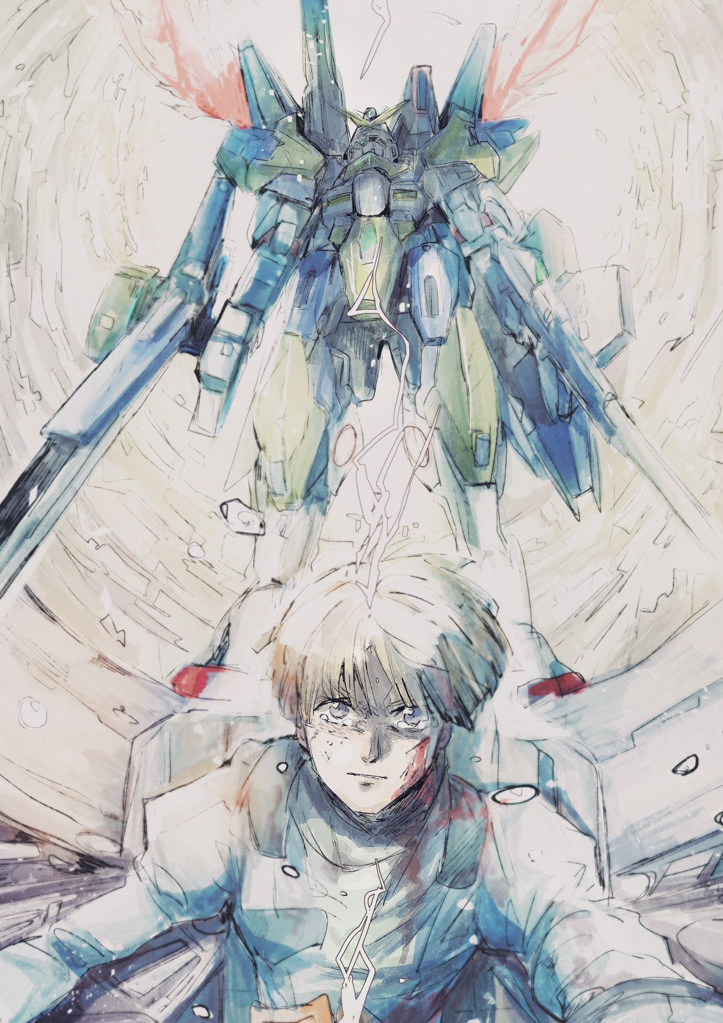 1boy blood blood_on_face cockpit crying crying_with_eyes_open dual_wielding floating_hair grey_eyes gun gundam highres holding holding_gun holding_weapon kare_(0621utak) male_focus mecha mobile_suit robot science_fiction sitting sketch tears uso_ewin v-fin v2_gundam victory_gundam weapon