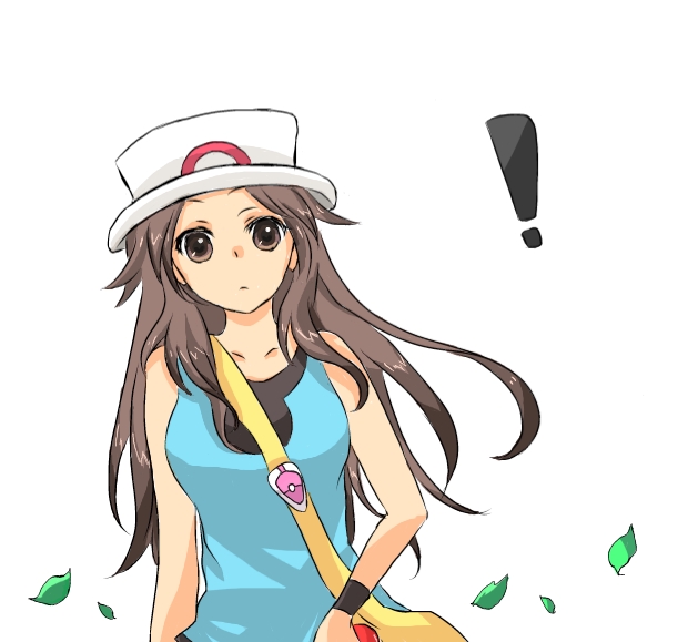! 00s 1girl bag bare_shoulders brown_eyes brown_hair female_focus hat leaf leaf_(pokemon) long_hair nintendo poke_ball pokemon pokemon_frlg porkpie_hat sodamachi solo