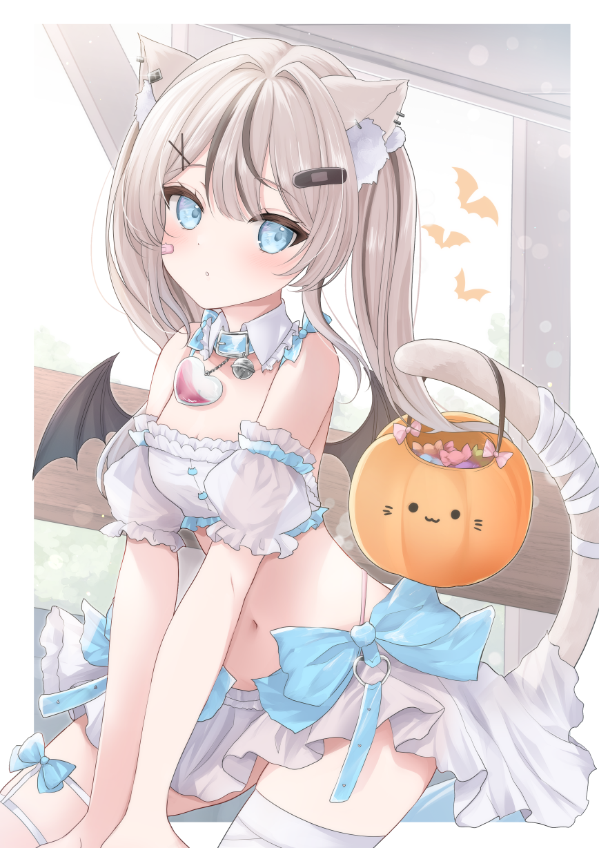 1girl animal_ear_fluff animal_ear_piercing animal_ears bandaged_leg bandages bandaid bandaid_hair_ornament bandaid_on_face bare_shoulders bat_(animal) bat_wings belt_collar black_bandaid black_wings blonde_hair blue_collar blue_eyes blush border breasts cat_ears cat_girl cat_tail cleavage collar commentary_request commission crop_top day detached_collar detached_sleeves earclip hair_ornament halloween halloween_bucket heart heart_necklace highres holding holding_with_tail indie_virtual_youtuber indoors jewelry kneeling kurage_cc legwear_garter long_hair looking_at_viewer mashirone_mimiy medium_breasts microskirt midriff multicolored_hair navel necklace outside_border panty_straps parted_lips pink_bandaid prehensile_tail puffy_short_sleeves puffy_sleeves see-through_clothes see-through_sleeves short_sleeves skeb_commission skirt solo streaked_hair tail twintails virtual_youtuber white_border white_skirt window wings x_hair_ornament