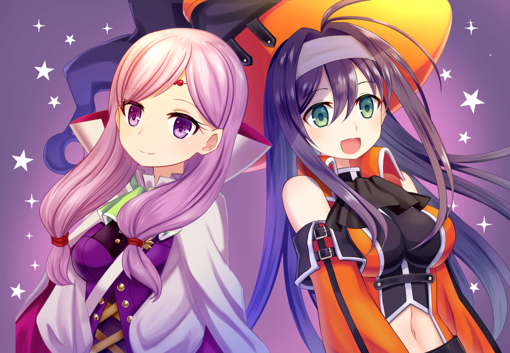 2girls :d bare_shoulders blue_hair breasts cape circlet clothing_cutout collared_jacket detached_sleeves fire_emblem fire_emblem:_path_of_radiance fire_emblem:_radiant_dawn fire_emblem_heroes green_eyes halloween hat ilyana_(fire_emblem) ilyana_(halloween)_(fire_emblem) jacket long_hair long_sleeves low-tied_long_hair mia_(fire_emblem) mia_(halloween)_(fire_emblem) midriff multiple_girls navel_cutout nintendo open_mouth purple_background purple_eyes purple_hair shira_yu_ki shirt simple_background smile star_(symbol) tight_clothes tight_shirt upper_body witch_hat