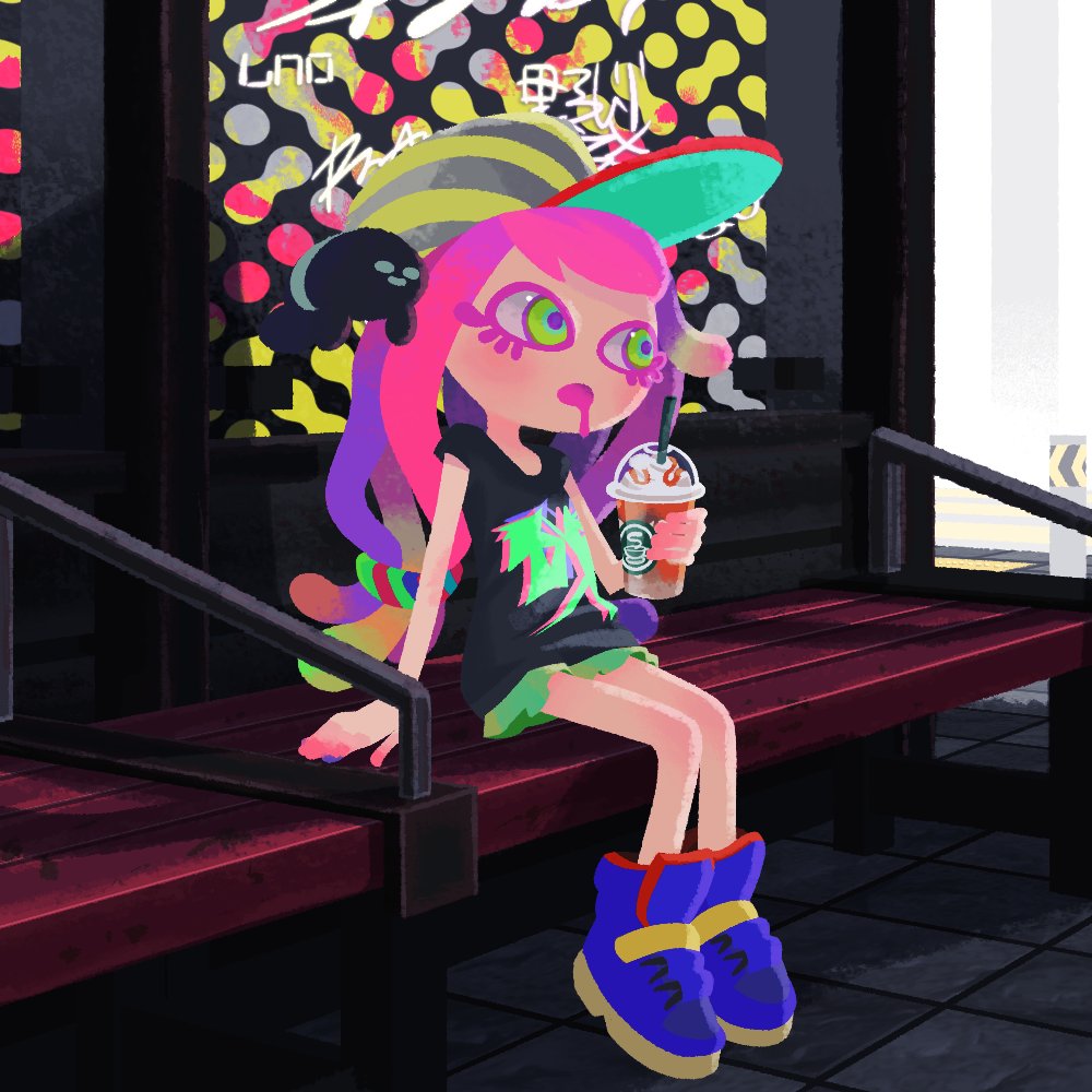 1girl arm_support bare_legs baseball_cap bench black_shirt blue_footwear character_signature clownfish colored_eyelashes cup disposable_coffee_cup disposable_cup drinking_straw drooling fish gradient_hair graffiti green_eyes green_skirt hair_ornament hair_scrunchie harmony&#039;s_clownfish_(splatoon) harmony_(splatoon) hat holding holding_cup kurehappa long_hair looking_to_the_side miniskirt mouth_drool multicolored_hair nintendo no_eyebrows open_mouth pink_hair poster_(object) road_sign scrunchie sea_anemone shirt shoes sideways_hat sign sitting skirt splatoon_(series) splatoon_3 starbucks striped_clothes striped_headwear tile_floor tiles traffic tropical_fish